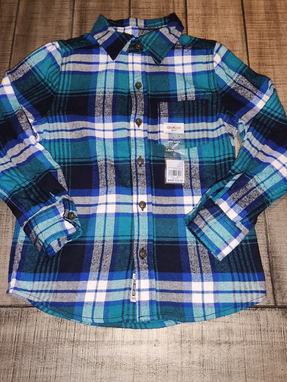 NWT Oshkosh B'gosh Teal Navy Plaid Flannel Button-Front Shirt